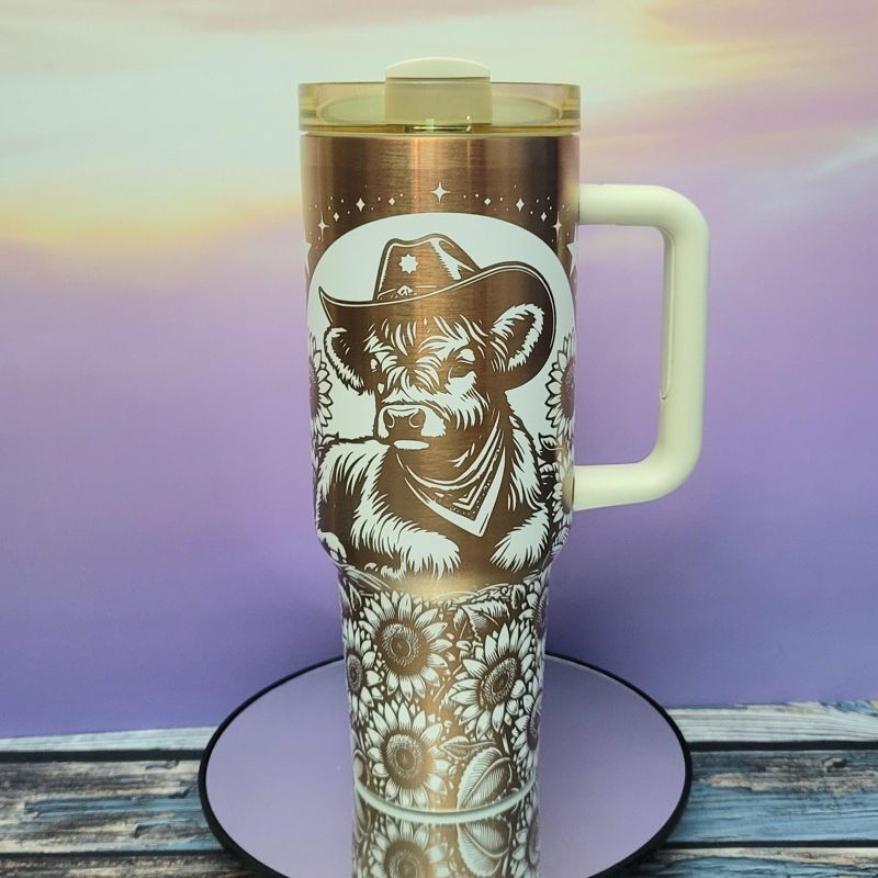 Highland Cow Sunflower Copper Engraved Tumbler (Black Copper)