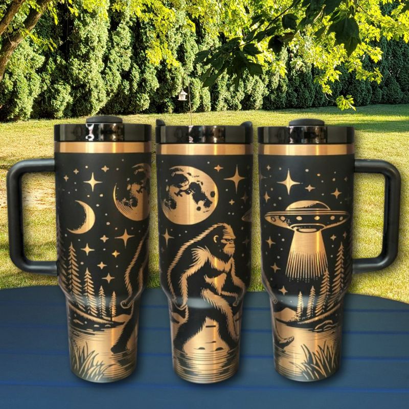 Cryptid Bigfoot Tumbler with Moon, Stars, Spaceship Design - Copper Tumbler (Black Copper)