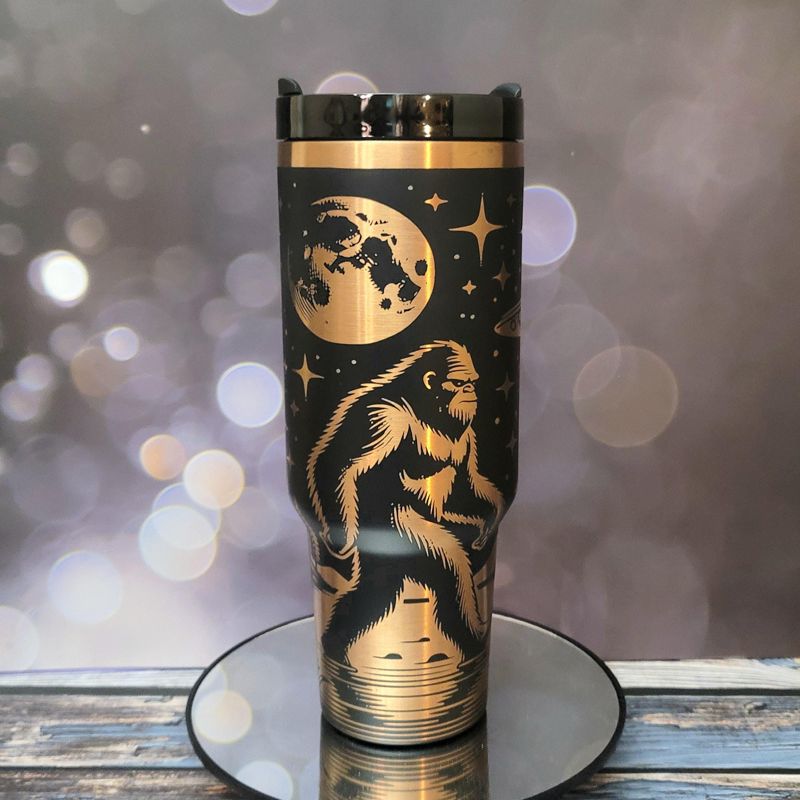 Cryptid Bigfoot Tumbler with Moon, Stars, Spaceship Design - Copper Tumbler (Black Copper)