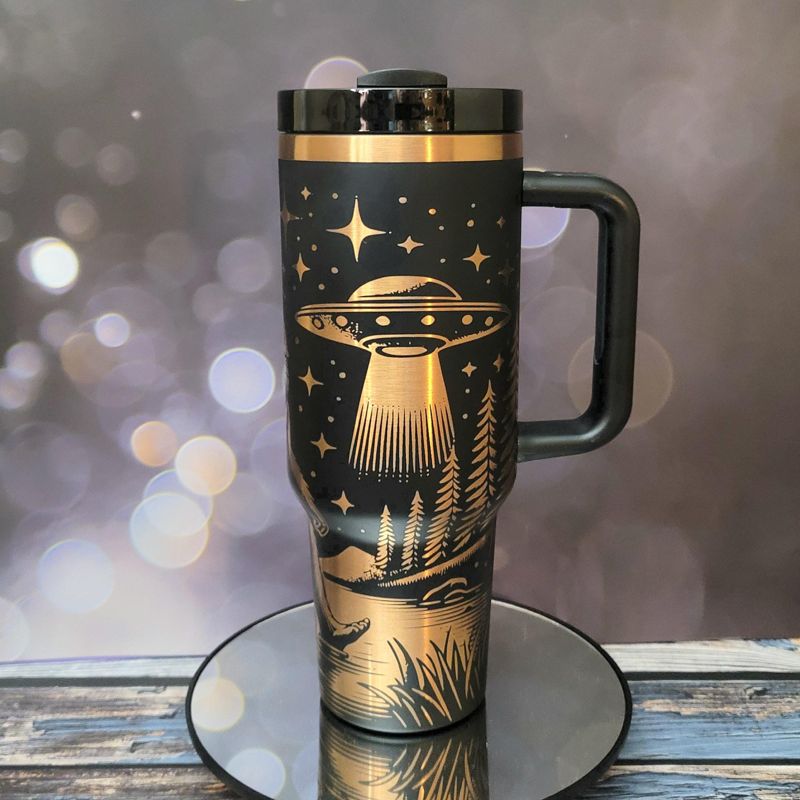 Cryptid Bigfoot Tumbler with Moon, Stars, Spaceship Design - Copper Tumbler (Black Copper)