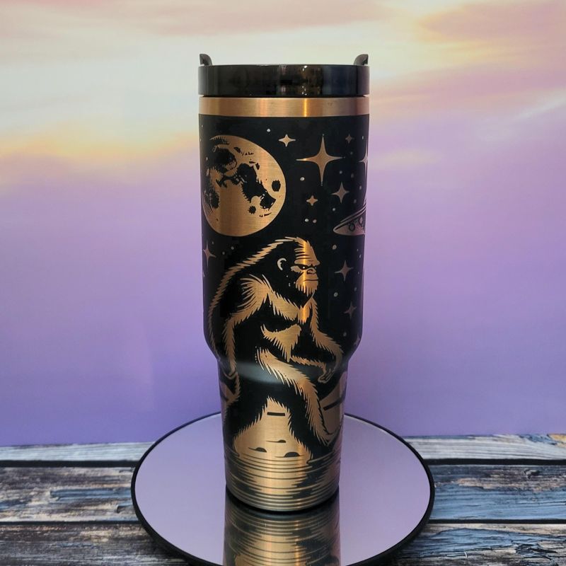 Cryptid Bigfoot Tumbler with Moon, Stars, Spaceship Design - Copper Tumbler (Black Copper)