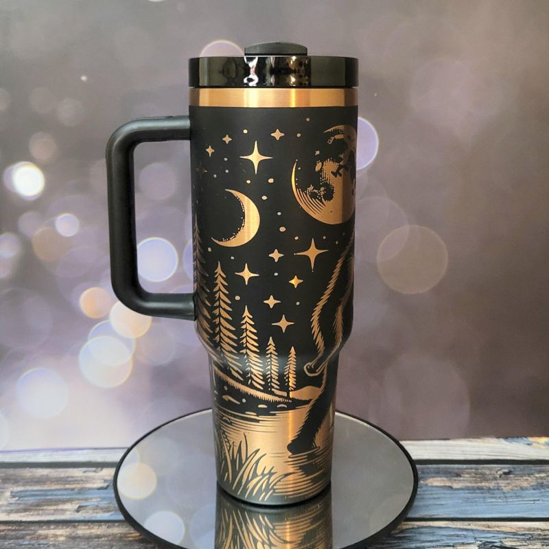 Cryptid Bigfoot Tumbler with Moon, Stars, Spaceship Design - Copper Tumbler (Black Copper)