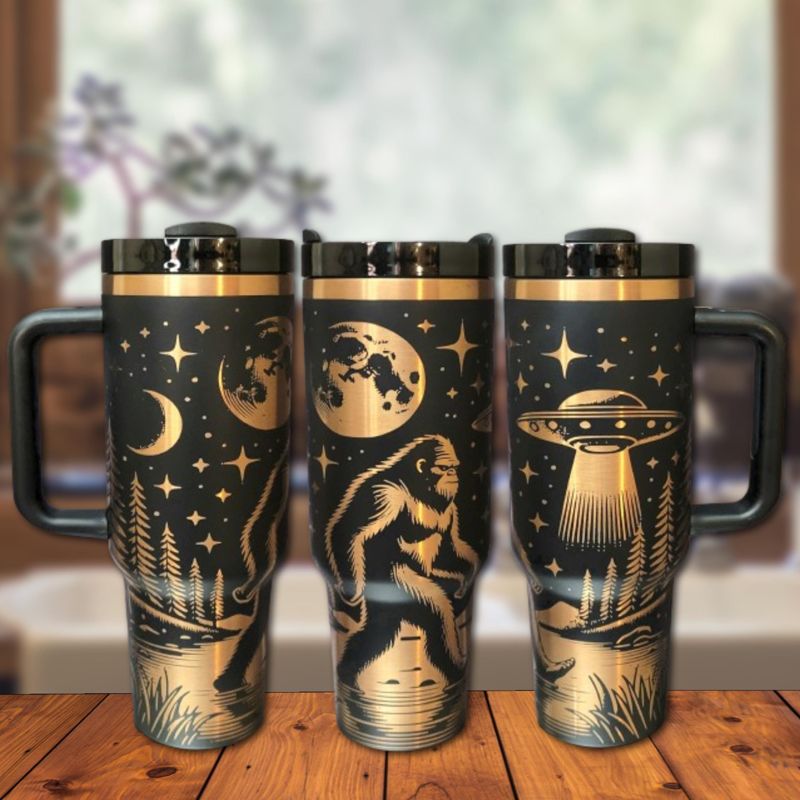 Cryptid Bigfoot Tumbler with Moon, Stars, Spaceship Design - Copper Tumbler (Black Copper)