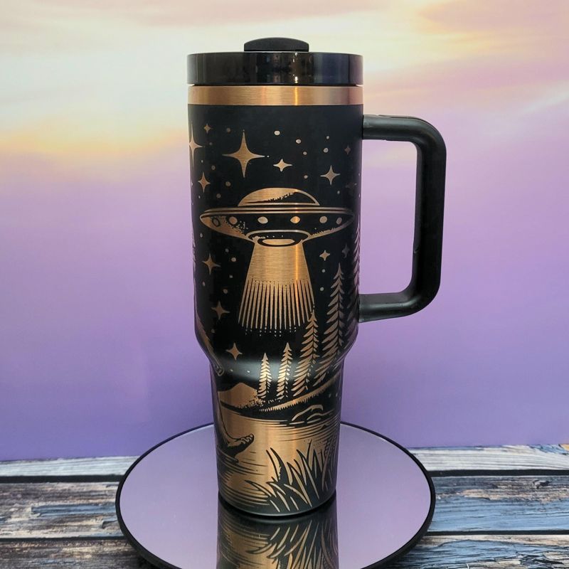 Cryptid Bigfoot Tumbler with Moon, Stars, Spaceship Design - Copper Tumbler (Black Copper)