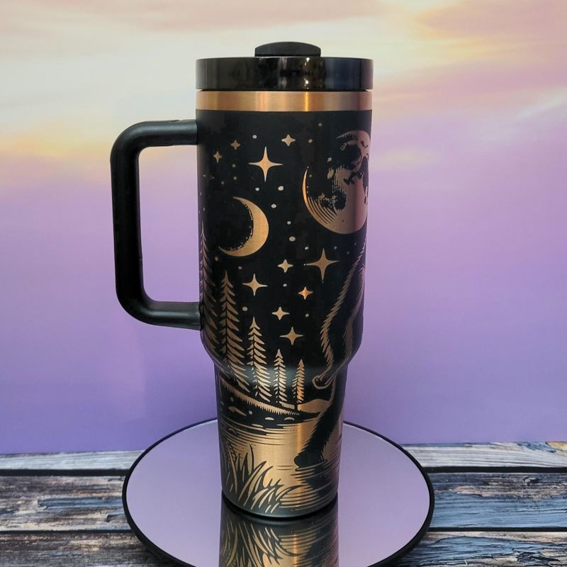 Cryptid Bigfoot Tumbler with Moon, Stars, Spaceship Design - Copper Tumbler (Black Copper)
