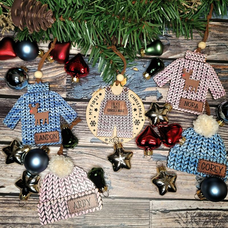 Personalized Knit-Style Christmas Ornaments | UV Printed with Leather Patch
