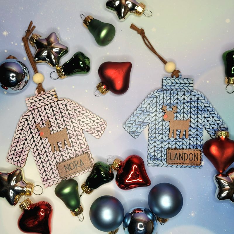 Personalized Knit-Style Christmas Ornaments | UV Printed with Leather Patch