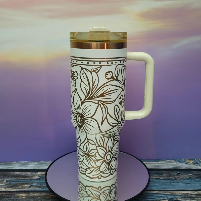 Copper Tooled Leather Wildflower Tumbler with Paisley Design - Add your branding (Black Copper, Design Only)