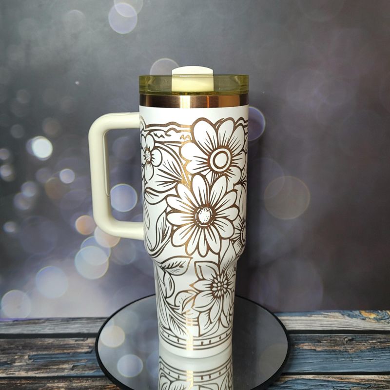 Copper Tooled Leather Wildflower Tumbler with Paisley Design - Add your branding (Black Copper, Design Only)