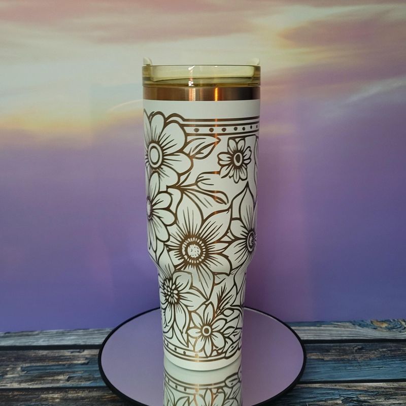 Copper Tooled Leather Wildflower Tumbler with Paisley Design - Add your branding (Black Copper, Design Only)