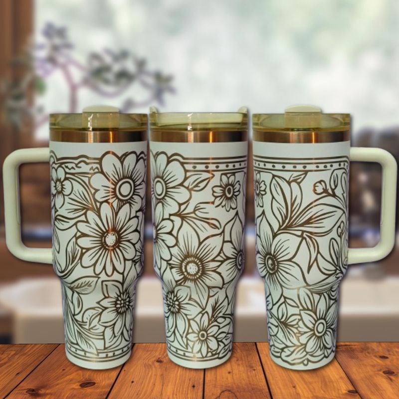 Copper Tooled Leather Wildflower Tumbler with Paisley Design - Add your branding (Black Copper, Design Only)