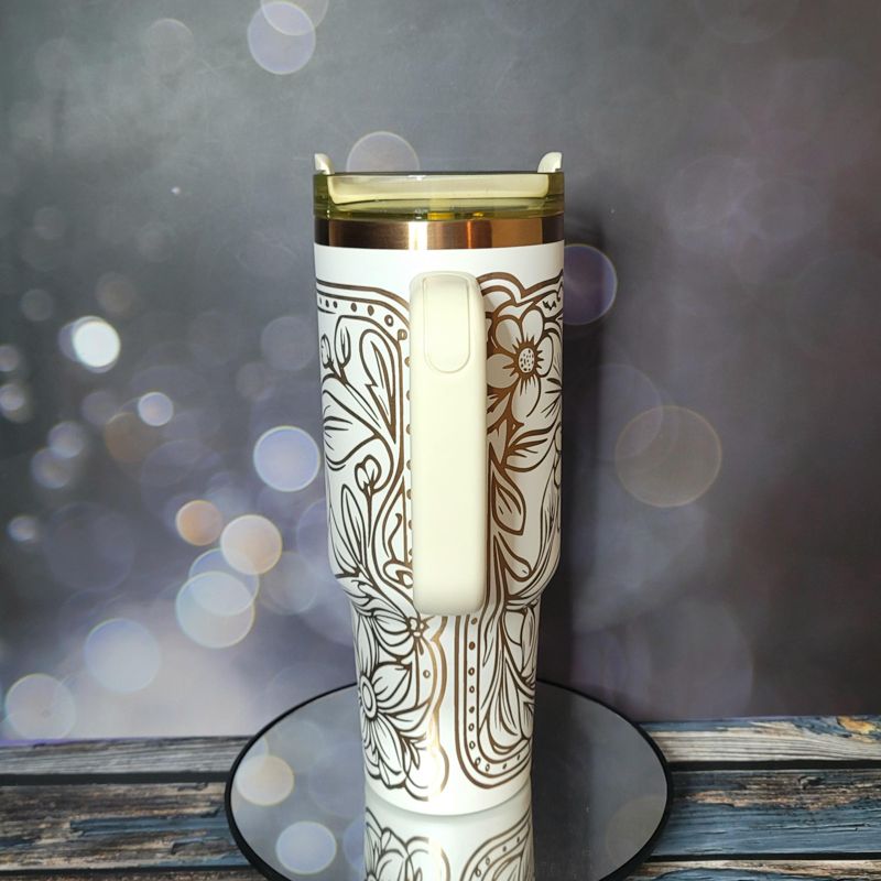 Copper Tooled Leather Wildflower Tumbler with Paisley Design - Add your branding (Black Copper, Design Only)