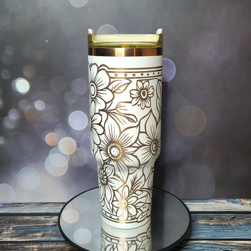 Copper Tooled Leather Wildflower Tumbler with Paisley Design - Add your branding (Black Copper, Design Only)