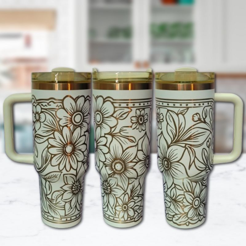 Copper Tooled Leather Wildflower Tumbler with Paisley Design - Add your branding (Black Copper, Design Only)