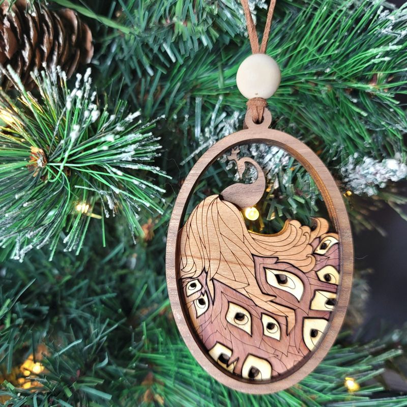 Handcrafted Heirloom Peacock Ornament | Laser-Cut Wood | Nature Lover Gift