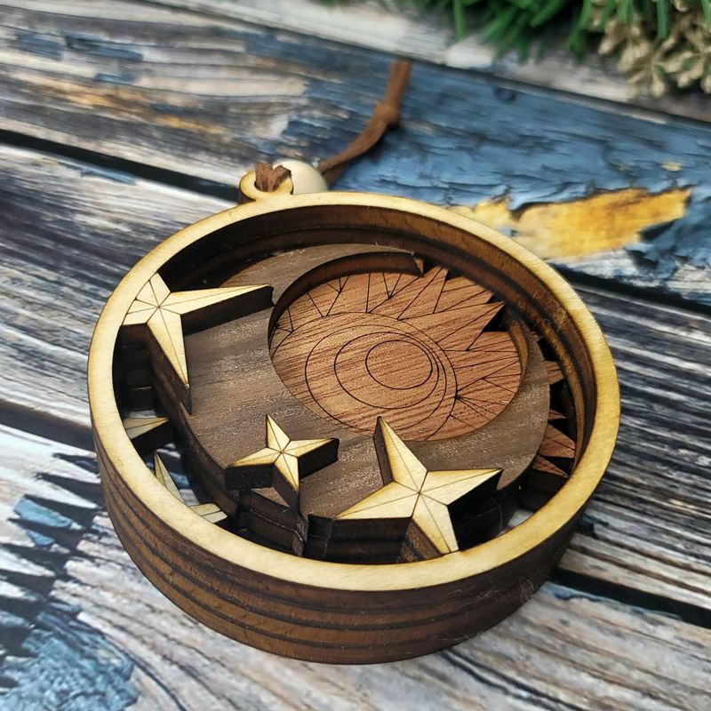 Handcrafted Heirloom Sun and Moon Ornament | Laser-Cut Wood | Astronomer Gift