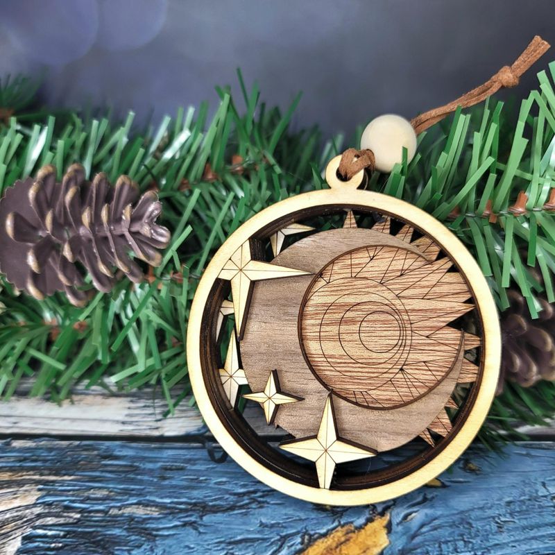 Handcrafted Heirloom Sun and Moon Ornament | Laser-Cut Wood | Astronomer Gift
