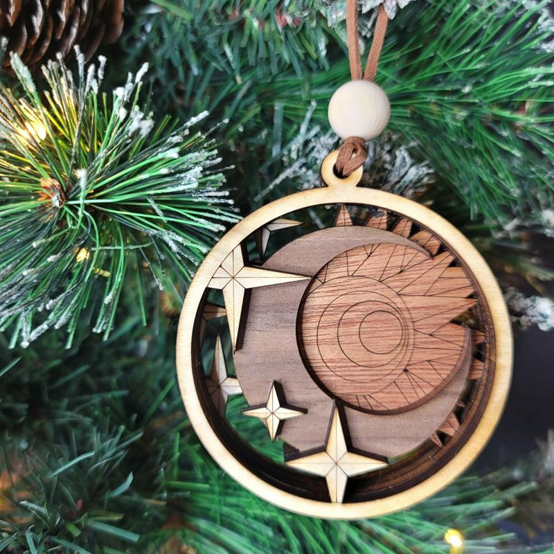Handcrafted Heirloom Sun and Moon Ornament | Laser-Cut Wood | Astronomer Gift