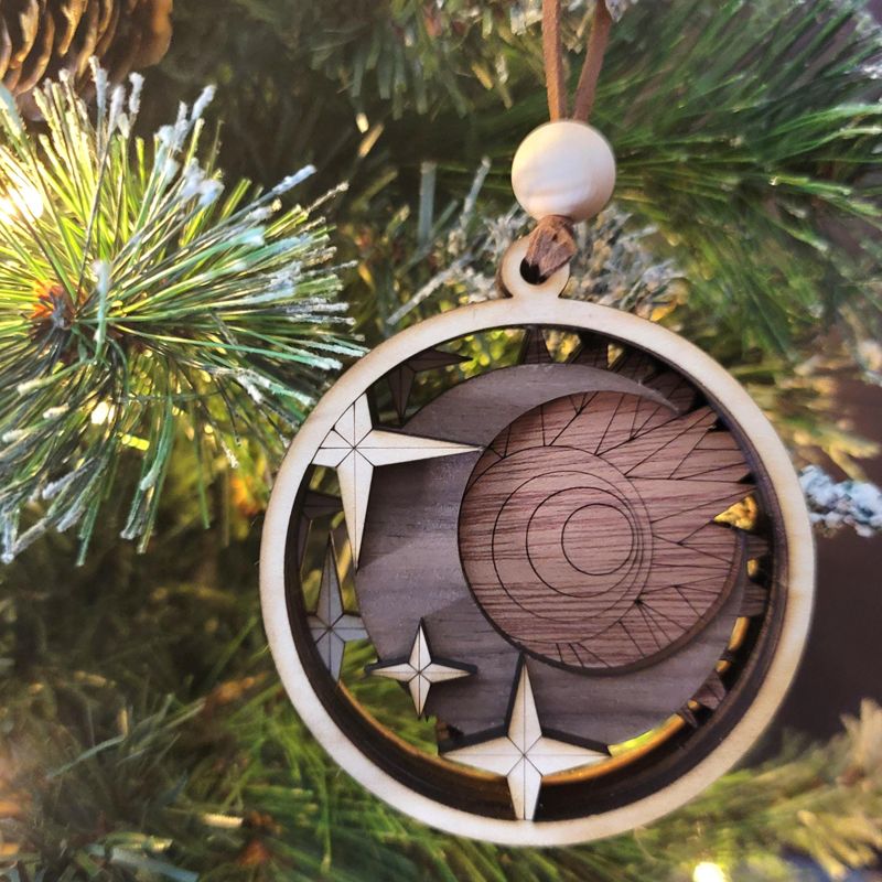 Handcrafted Heirloom Sun and Moon Ornament | Laser-Cut Wood | Astronomer Gift