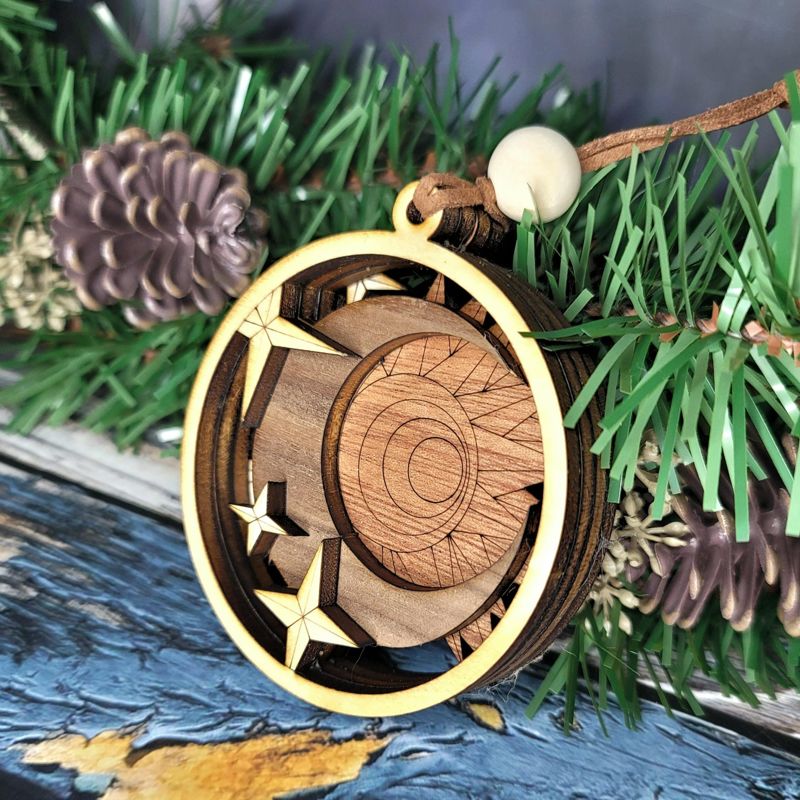 Handcrafted Heirloom Sun and Moon Ornament | Laser-Cut Wood | Astronomer Gift