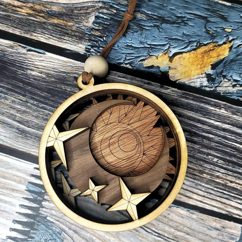 Handcrafted Heirloom Sun and Moon Ornament | Laser-Cut Wood | Astronomer Gift