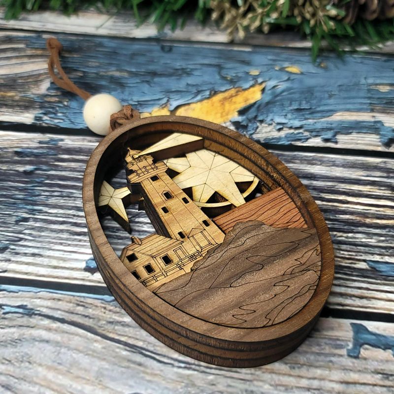 Handcrafted Heirloom Lighthouse Ornament | Laser-Cut Wood | Coastal Decor