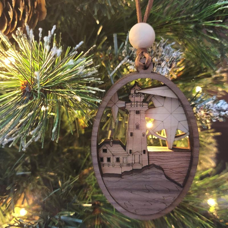 Handcrafted Heirloom Lighthouse Ornament | Laser-Cut Wood | Coastal Decor