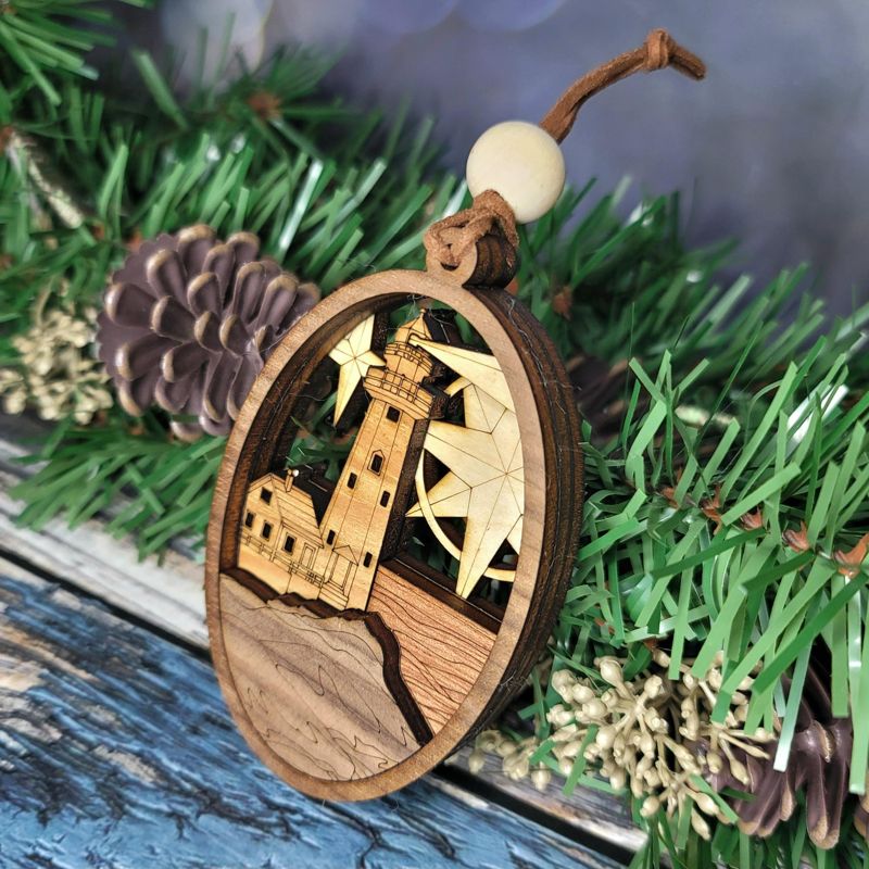 Handcrafted Heirloom Lighthouse Ornament | Laser-Cut Wood | Coastal Decor