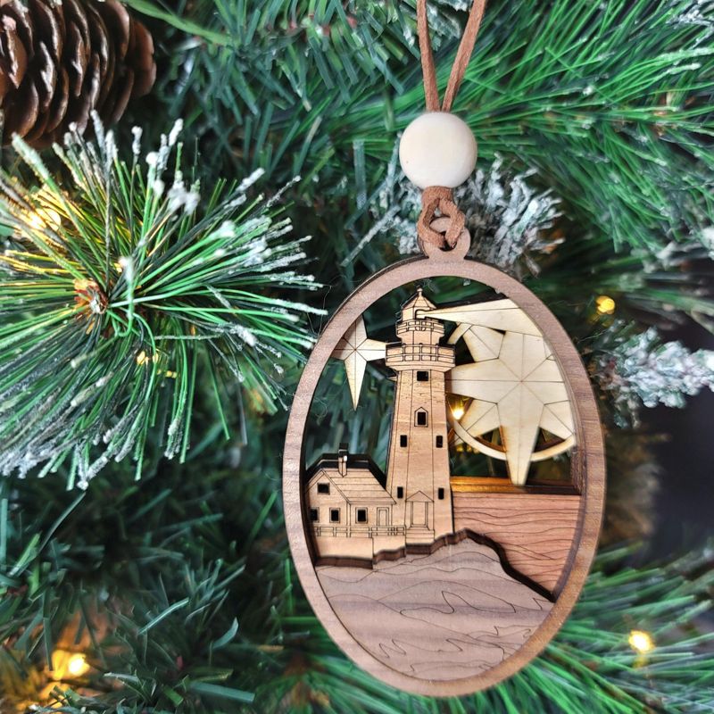 Handcrafted Heirloom Lighthouse Ornament | Laser-Cut Wood | Coastal Decor