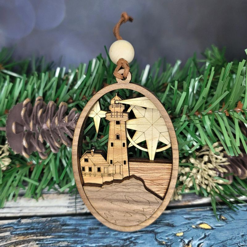Handcrafted Heirloom Lighthouse Ornament | Laser-Cut Wood | Coastal Decor