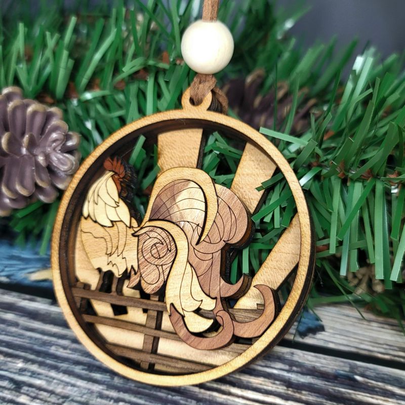 Rooster Ornament, 3D Farmhouse Fence Ornament, Unique Marquetry Ornament, Made in the USA, 3D Handcrafted Ornament