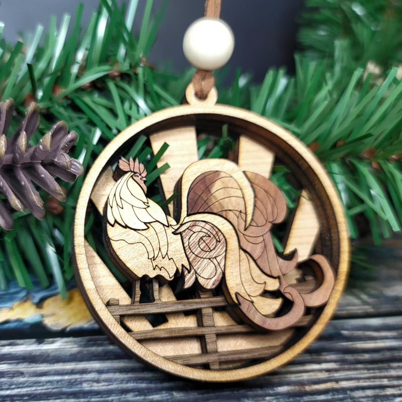 Rooster Ornament, 3D Farmhouse Fence Ornament, Unique Marquetry Ornament, Made in the USA, 3D Handcrafted Ornament
