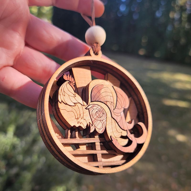 Rooster Ornament, 3D Farmhouse Fence Ornament, Unique Marquetry Ornament, Made in the USA, 3D Handcrafted Ornament