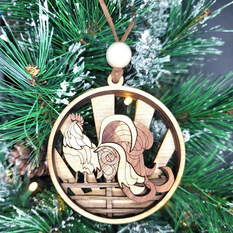 Rooster Ornament, 3D Farmhouse Fence Ornament, Unique Marquetry Ornament, Made in the USA, 3D Handcrafted Ornament
