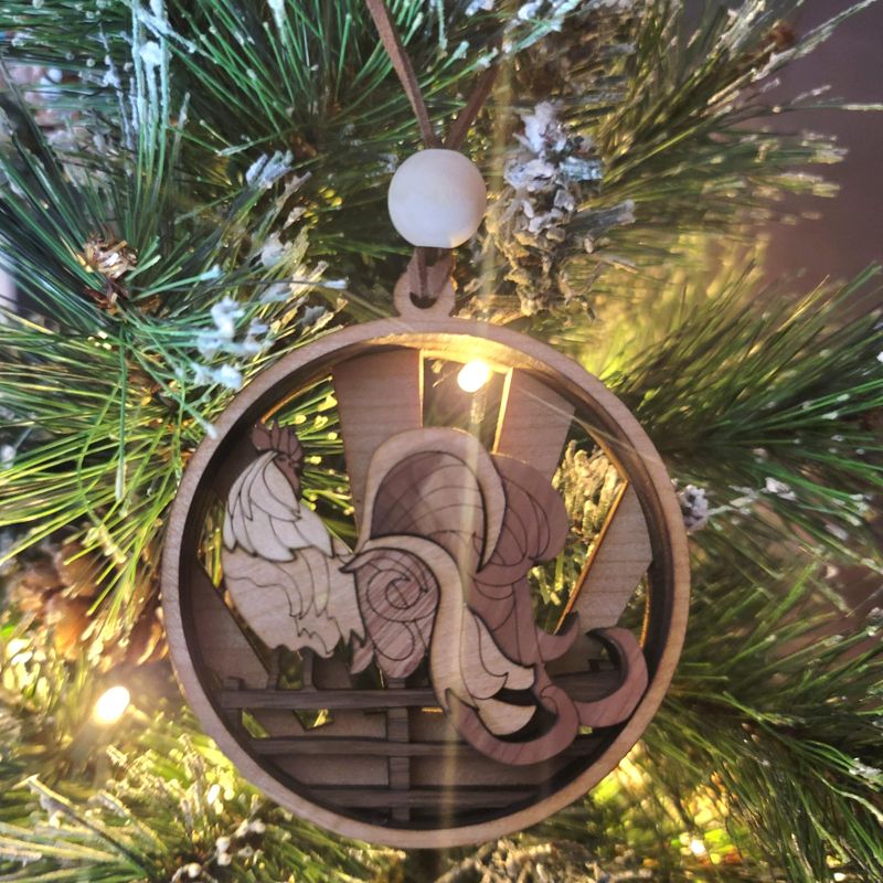 Rooster Ornament, 3D Farmhouse Fence Ornament, Unique Marquetry Ornament, Made in the USA, 3D Handcrafted Ornament