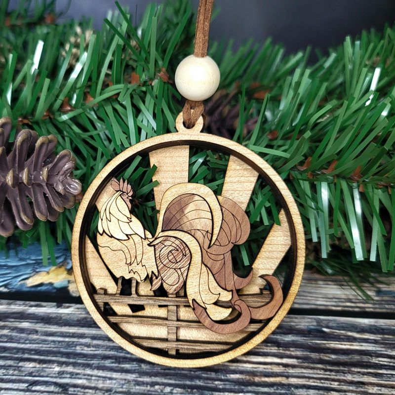 Rooster Ornament, 3D Farmhouse Fence Ornament, Unique Marquetry Ornament, Made in the USA, 3D Handcrafted Ornament