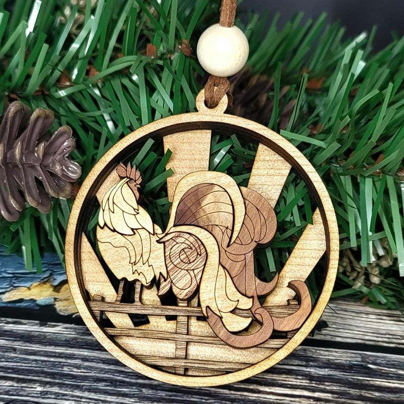 Rooster Ornament, 3D Farmhouse Fence Ornament, Unique Marquetry Ornament, Made in the USA, 3D Handcrafted Ornament
