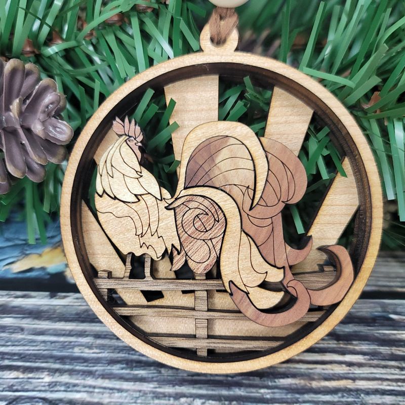 Rooster Ornament, 3D Farmhouse Fence Ornament, Unique Marquetry Ornament, Made in the USA, 3D Handcrafted Ornament
