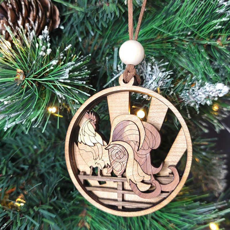 Rooster Ornament, 3D Farmhouse Fence Ornament, Unique Marquetry Ornament, Made in the USA, 3D Handcrafted Ornament