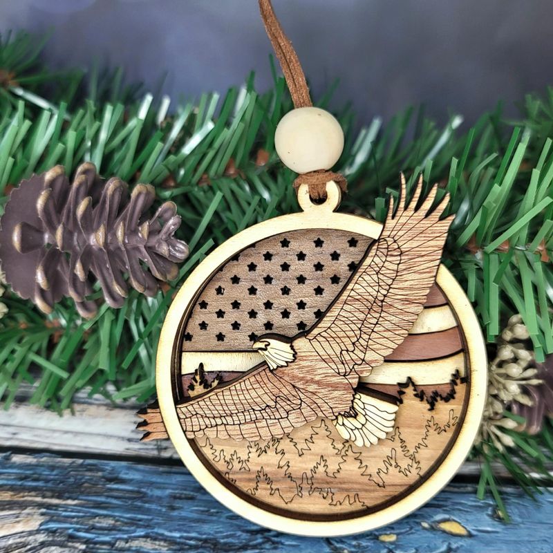 Handcrafted Heirloom Eagle Ornament | Laser-Cut Wood | Patriotic Decor