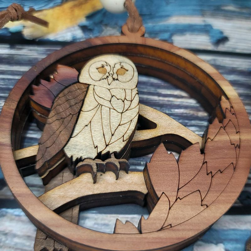 Owl Ornament, 3D Wooden Bird Ornament, Unique Marquetry Ornament, Made in the USA, Handcrafted