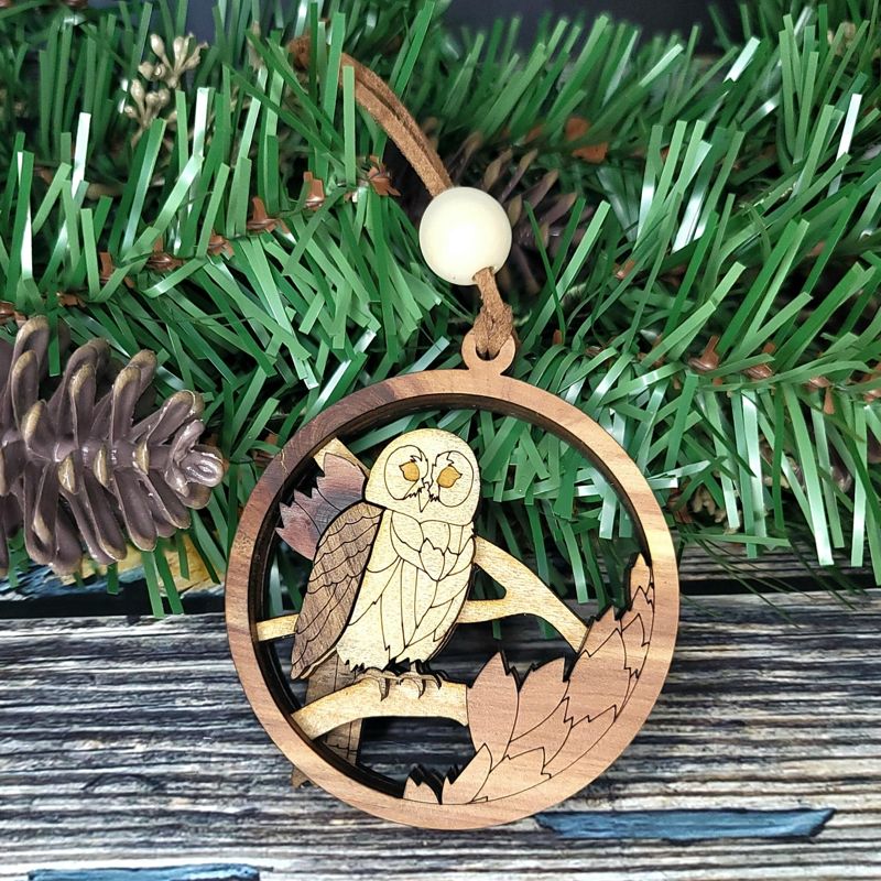 Owl Ornament, 3D Wooden Bird Ornament, Unique Marquetry Ornament, Made in the USA, Handcrafted