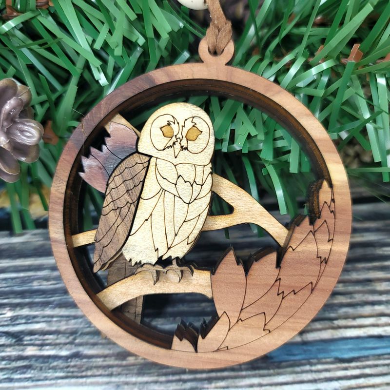 Owl Ornament, 3D Wooden Bird Ornament, Unique Marquetry Ornament, Made in the USA, Handcrafted