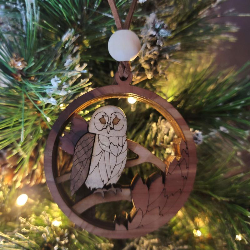 Owl Ornament, 3D Wooden Bird Ornament, Unique Marquetry Ornament, Made in the USA, Handcrafted
