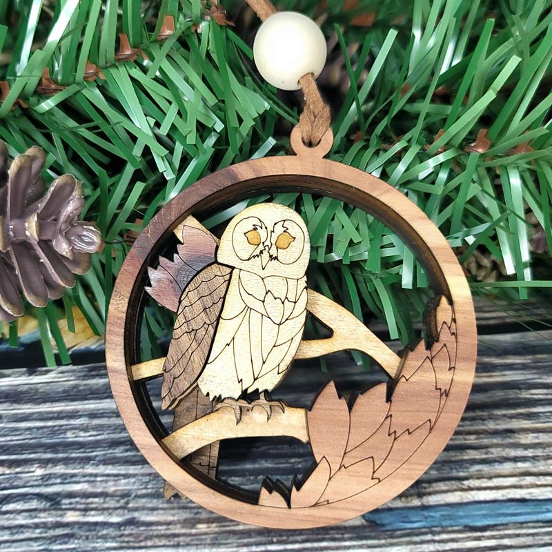 Owl Ornament, 3D Wooden Bird Ornament, Unique Marquetry Ornament, Made in the USA, Handcrafted