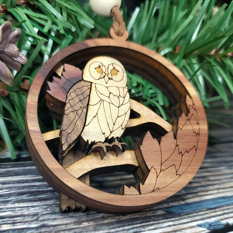 Owl Ornament, 3D Wooden Bird Ornament, Unique Marquetry Ornament, Made in the USA, Handcrafted