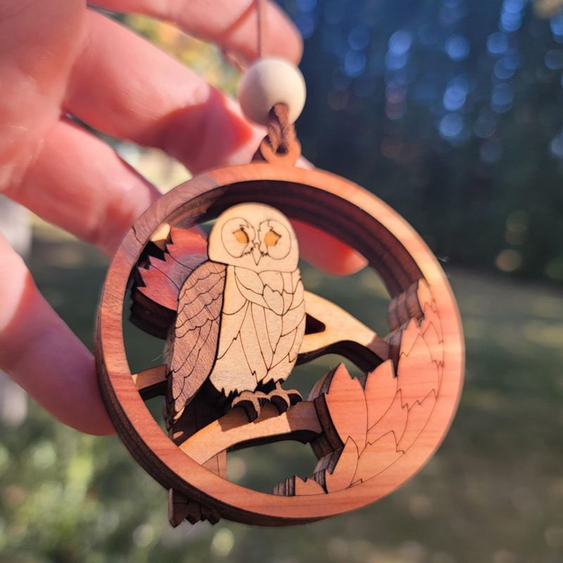 Owl Ornament, 3D Wooden Bird Ornament, Unique Marquetry Ornament, Made in the USA, Handcrafted