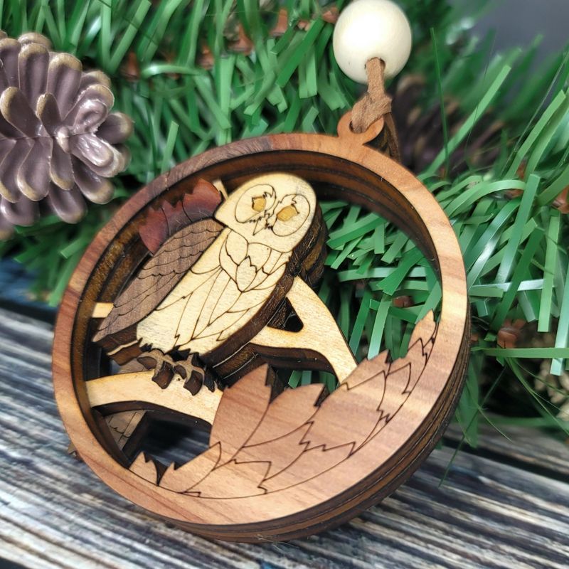 Owl Ornament, 3D Wooden Bird Ornament, Unique Marquetry Ornament, Made in the USA, Handcrafted