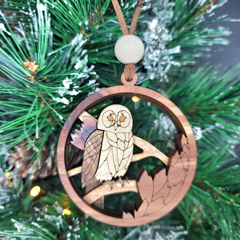 Owl Ornament, 3D Wooden Bird Ornament, Unique Marquetry Ornament, Made in the USA, Handcrafted