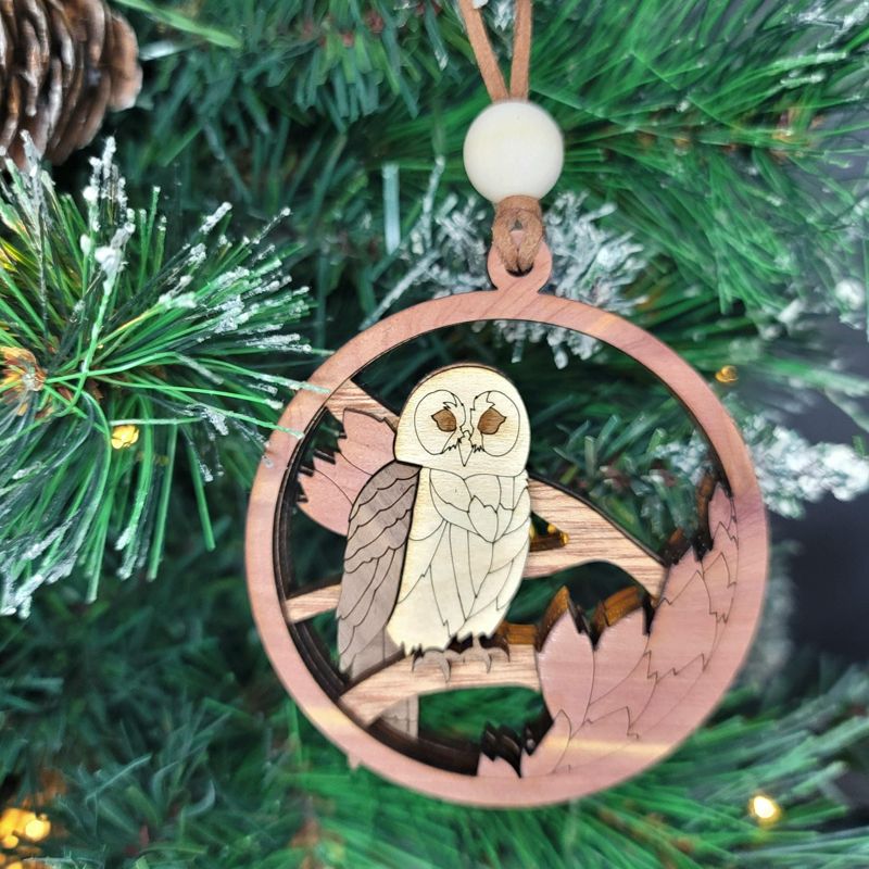 Owl Ornament, 3D Wooden Bird Ornament, Unique Marquetry Ornament, Made in the USA, Handcrafted